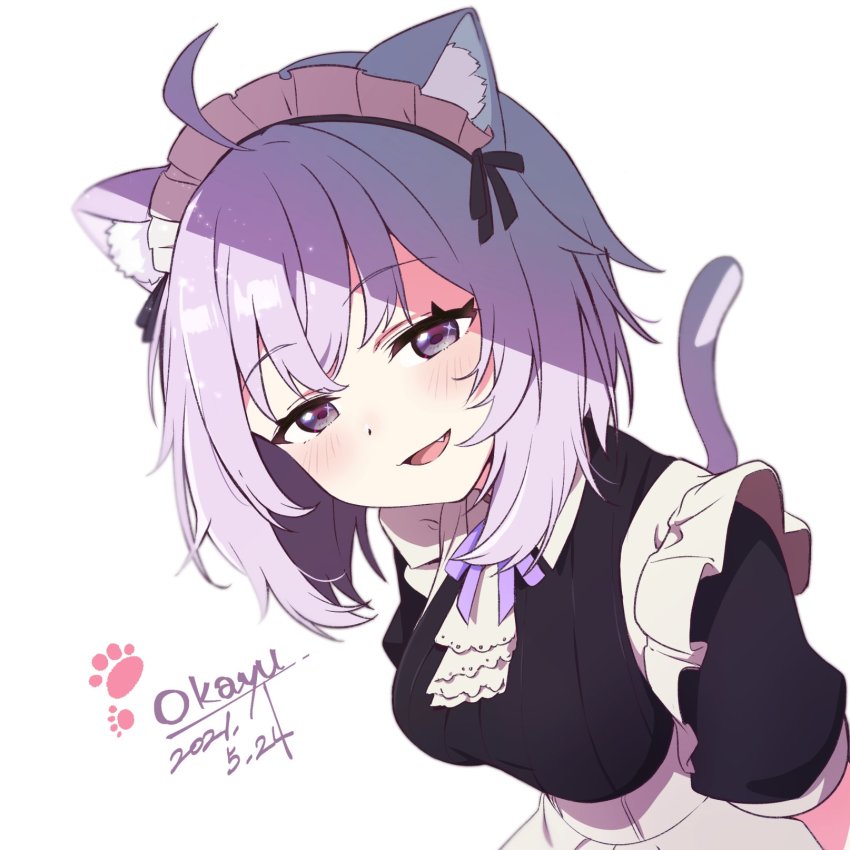 1girl, ahoge, animal_ears, apron, cat_ears, cat_tail, dated, fang