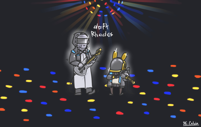 1girl, 1other, ambiguous_gender, amiya_(arknights), animal_ears, arknights, rabbit_ears, chibi, cosplay, daft_punk, de.calvin, disco, disco_ball, doctor_(arknights), guitar, guy-manuel_de_homem-christo, guy-manuel_de_homem-christo_(cosplay), helmet, hood, hoodie, instrument, music, playing_instrument, rabbit_girl, thomas_bangalter, thomas_bangalter_(cosplay), violin