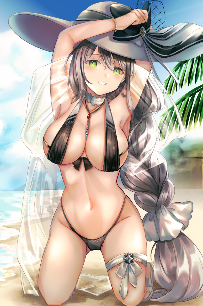 1girl, absurdly_long_hair, aquila_(azur_lane), aquila_(sardegnian_shallows_and_sunshine)_(azur_lane), armpits, azur_lane, beach, bikini