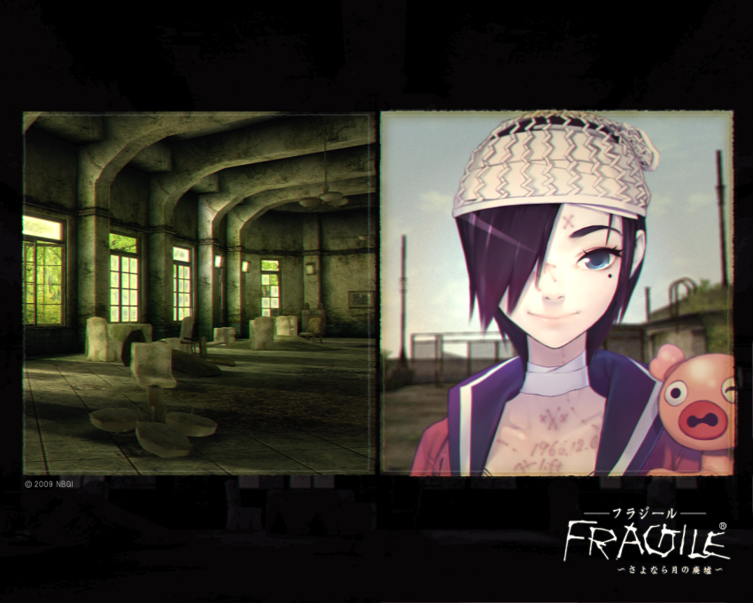 1girl, bandages, blue_eyes, brown_hair, female_focus, fragile, fragile:_sayonara_tsuki_no_haikyo, pig