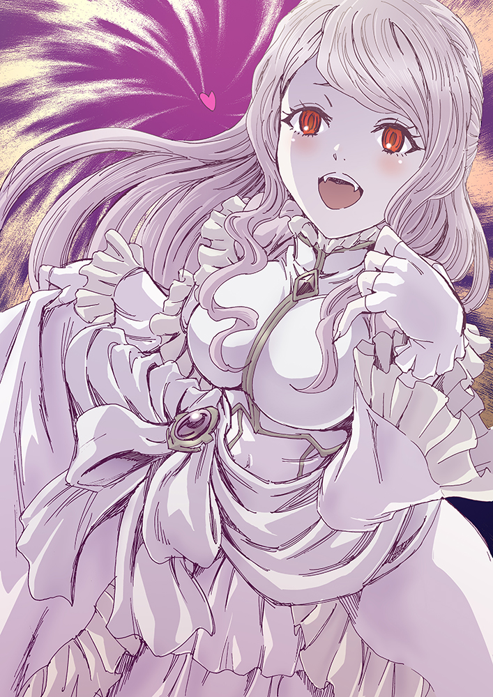 1girl, blush, breasts, commentary_request, dress, fangs, frills, heart, jewelry, large_breasts, light_blush, long_hair, open_mouth, overlord_(maruyama), red_eyes, rurukichi, shalltear_bloodfallen, sidelocks, solo, vampire