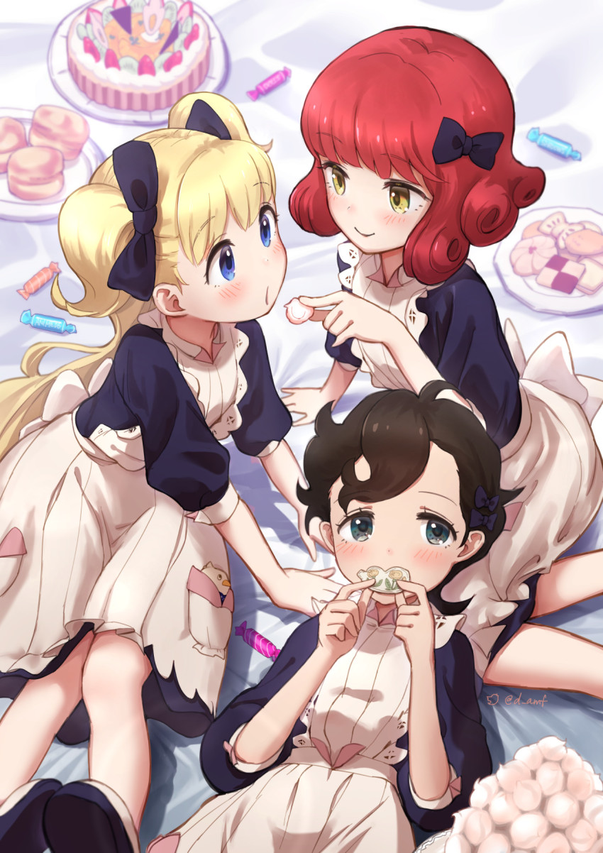 3girls, apron, asksj, black_dress, black_hair, blonde_hair, blue_eyes, blush, bow, cake, candy, cookie, curly_hair, dress, emilico_(shadows_house), food, green_eyes, hair_bow, highres, looking_at_another, looking_at_viewer, lou_(shadows_house), maid_apron, multiple_girls, ram_(shadows_house), red_hair, shadows_house, shoes, twintails, yellow_eyes