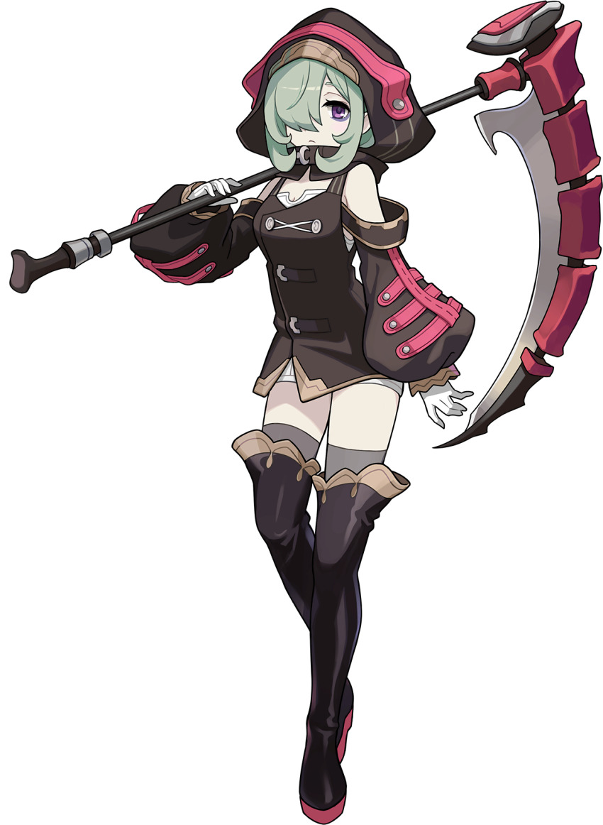 1girl, :<, artist_request, bags_under_eyes, black_boots, blush, boots, breasts, brown_shirt, cleavage, closed_mouth, crescent_pin, detached_hood, expressionless, falsche_(world_flipper), female_focus, full_body, gloves, green_hair, grey_thighhighs, hair_over_one_eye, half-closed_eyes, hand_up, highres, holding, holding_scythe, hood, hood_up, huge_weapon, light_blush, long_sleeves, looking_at_viewer, medium_hair, non-web_source, off-shoulder_shirt, off_shoulder, official_art, over_shoulder, pale_skin, puffy_long_sleeves, puffy_sleeves, purple_eyes, scythe, shiny_clothes, shirt, short_shorts, shorts, sidelocks, simple_background, small_breasts, solo, thigh_boots, thighhighs, thighs, transparent_background, undershirt, weapon, weapon_over_shoulder, white_gloves, white_shorts, world_flipper