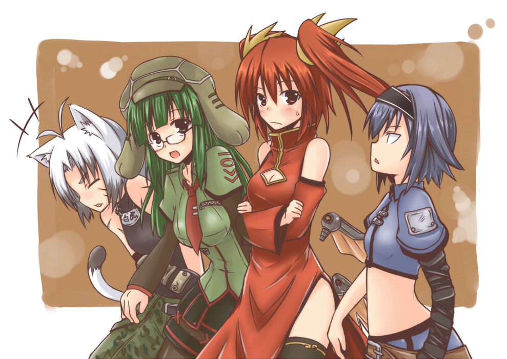 4girls, animal_ears, bad_id, blue_hair, brown_eyes, byakko_(lock_heart), byakko_(rock_heart), cat_ears, cat_tail, china_dress, chinese_clothes, dress, genbu_(lock_heart), genbu_(rock_heart), glasses, green_hair, hairband, lock_heart_(juuryokudou), multiple_girls, necktie, original, red_eyes, red_hair, seiryuu_(lock_heart), seiryuu_(rock_heart), suzaku_(lock_heart), suzaku_(rock_heart), tail, thighhighs, twintails