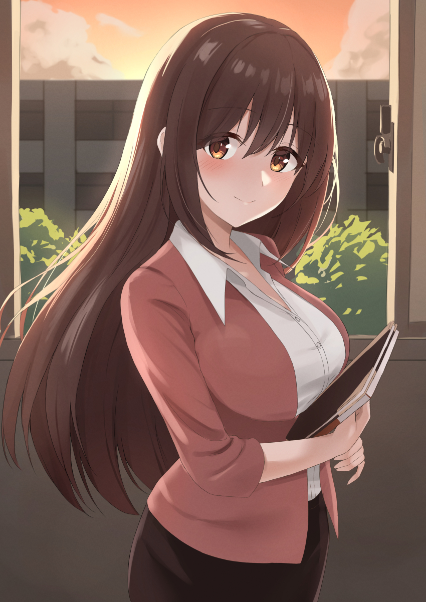 1girl, absurdres, blush, book, breasts, brown_eyes, brown_hair, collared_shirt, from_side, highres, io_(princess_connect!), io_(real)_(princess_connect!), large_breasts, long_hair, long_sleeves, looking_at_viewer, princess_connect!, shirt, skirt, solo, split_mouth, teacher, yanazawa_ko
