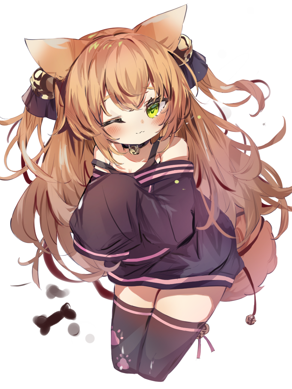 1girl, ;3, animal_ears, bare_shoulders, bell, black_collar, black_ribbon, black_shirt