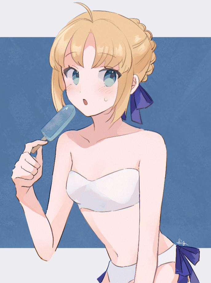 1girl, :o, ahoge, artoria_pendragon_(fate), bare_arms, blonde_hair, blush, braid