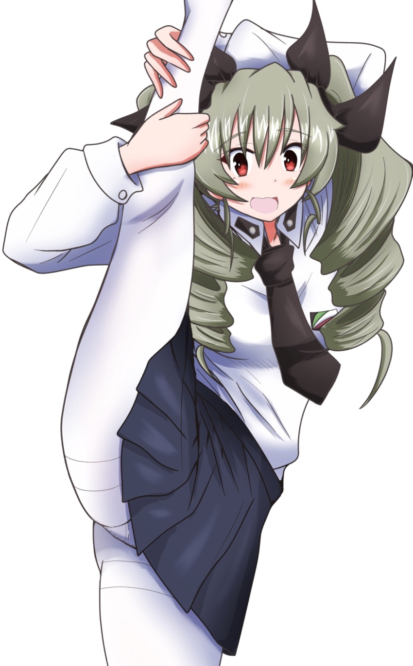 1girl, anchovy_(girls_und_panzer), anzio_school_uniform, black_necktie, black_ribbon, black_skirt, commentary, dress_shirt, drill_hair, emblem, girls_und_panzer, green_hair, hair_ribbon, highres, leg_hold, leg_up, long_hair, long_sleeves, looking_at_viewer, meiya, miniskirt, necktie, open_mouth, pantyhose, pleated_skirt, red_eyes, ribbon, school_uniform, shirt, simple_background, skirt, smile, solo, split, standing, standing_on_one_leg, standing_split, thighband_pantyhose, twin_drills, twintails, white_background, white_pantyhose, white_shirt, wing_collar