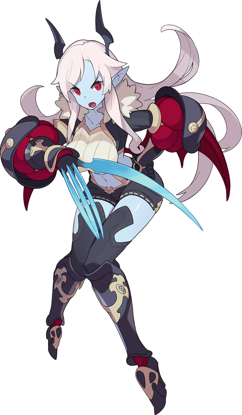 1girl, arly_(world_flipper), armored_boots, artist_request, bat_wings, black_boots, black_gloves, black_horns