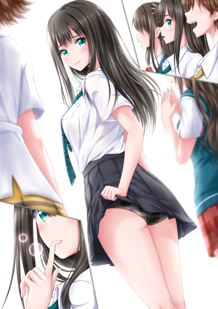3girls, absurdres, black_hair, black_panties, blue_eyes, blush, clothes_lift, commentary