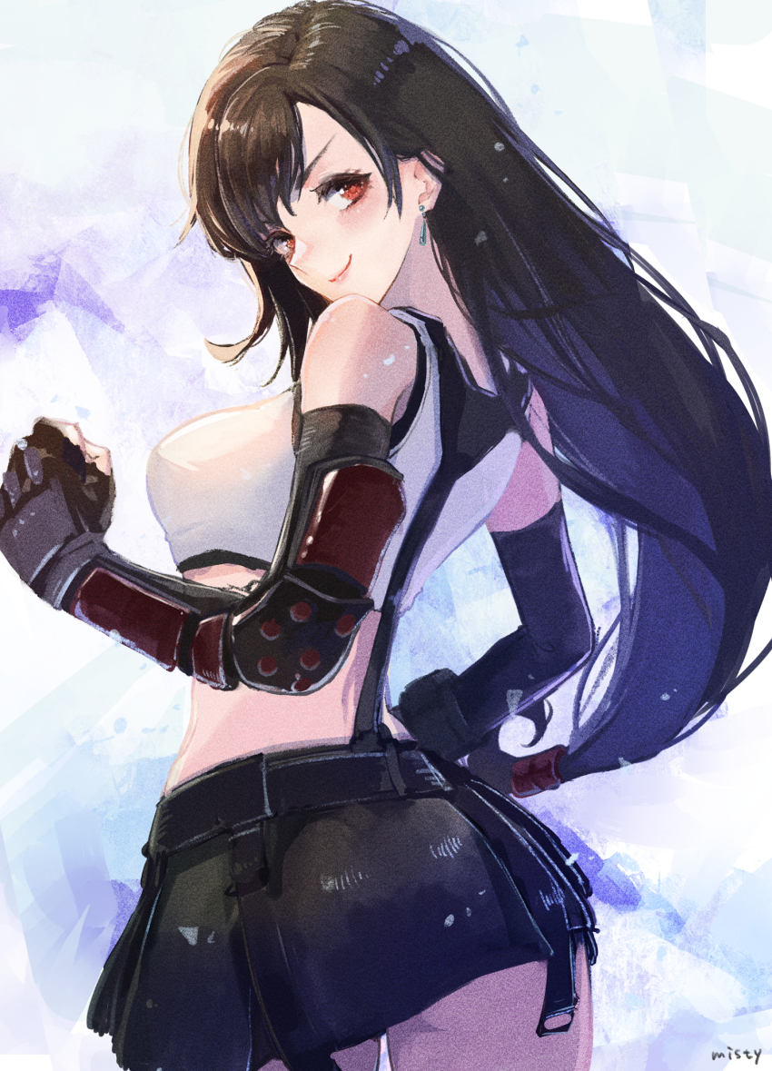 1girl, artist_name, ass, black_gloves, black_skirt, breasts, brown_hair, clenched_hand