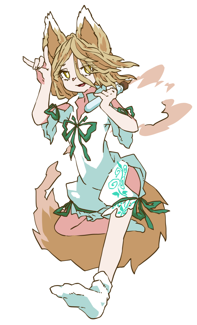 1girl, animal_ears, blonde_hair, clothing_cutout, fox_ears, fox_shadow_puppet, fox_tail, green_ribbon, hip_vent, holding, holding_test_tube, kudamaki_tsukasa, lana151, onesie, ribbon, romper, short_hair, socks, standing, standing_on_one_leg, tail, test_tube, touhou, white_background, white_footwear, white_romper, white_socks, yellow_eyes