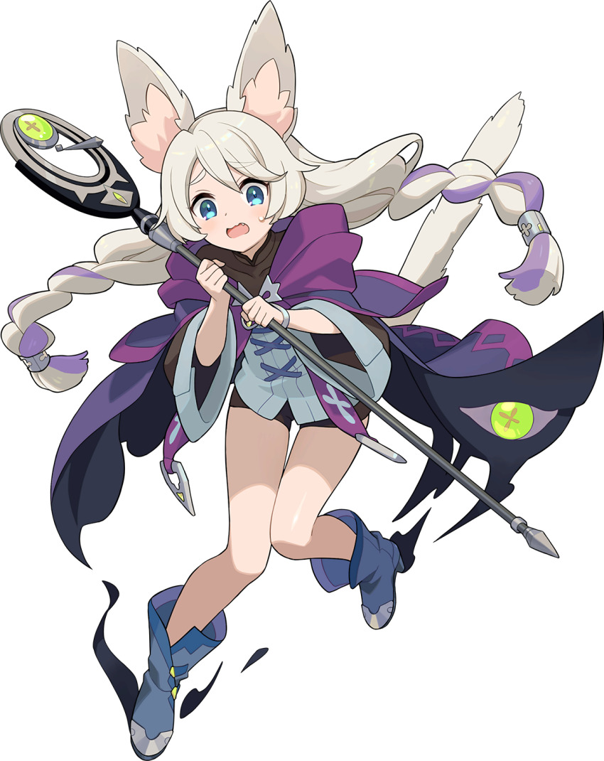 +_+, 1girl, :3, animal_ear_fluff, animal_ears, artist_request, blue_boots, blue_eyes, blue_shirt, blush, boots, bracelet, braid, brown_shorts, cat_ears, cat_girl, cat_tail, clenched_hands, cloak, covered_collarbone, fang, female_focus, flat_chest, full_body, gem, green_eyes, hands_up, high_heels, highres, holding, holding_staff, jewelry, knees_together_feet_apart, leg_up, light_blush, long_hair, long_sleeves, looking_at_viewer, multicolored_hair, non-web_source, official_art, open_mouth, purple_cloak, purple_hair, rebecca_(world_flipper), scared, shiny_skin, shirt, short_shorts, shorts, sidelocks, simple_background, solo, staff, standing, standing_on_one_leg, streaked_hair, sweat, tail, thigh_gap, transparent_background, twin_braids, twintails, two-sided_cloak, two-sided_fabric, very_long_hair, white_hair, wide-eyed, wide_sleeves, world_flipper