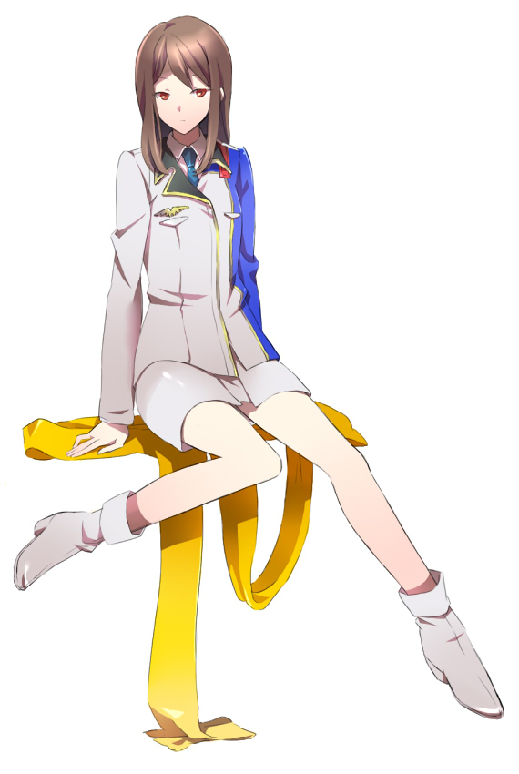 00s, 1girl, ayamoto, blue_necktie, brown_hair, female_focus, full_body, invisible_chair
