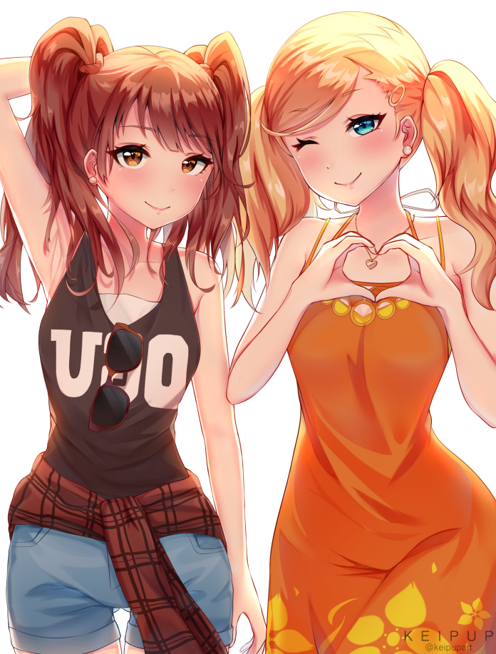 2girls, armpits, bare_shoulders, black_tank_top, blonde_hair, blue_eyes, blush, brown_hair