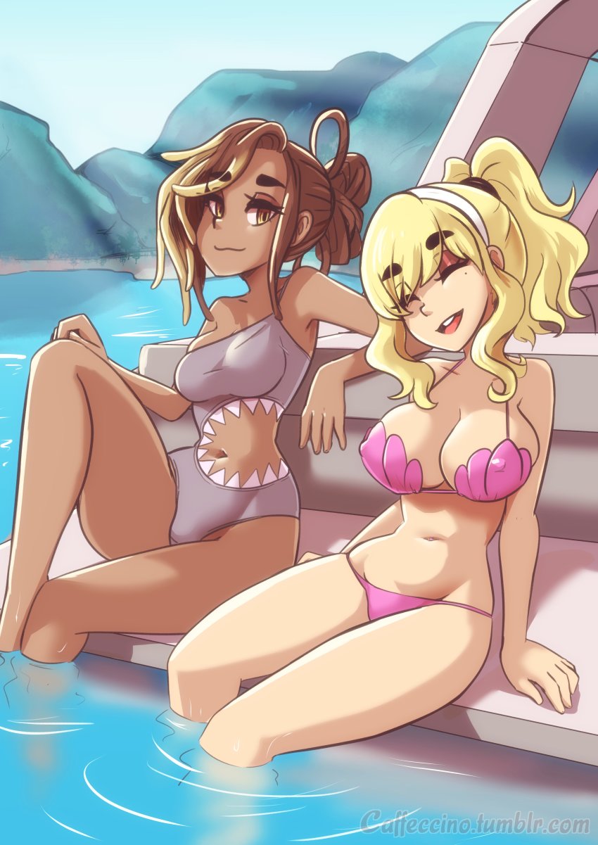 2girls, absurdres, bikini, blonde_hair, breasts, brown_eyes, brown_hair, caffeccino, cleavage, closed_eyes, clothing_cutout, covered_erect_nipples, dark-skinned_female, dark_skin, grey_one-piece_swimsuit, hairband, highres, large_breasts, long_sleeves, looking_at_viewer, multiple_girls, navel, one-piece_swimsuit, open_mouth, original, pink_bikini, ponytail, shadow, sharkini, single-shoulder_one-piece_swimsuit, single_bare_shoulder, smile, soaking_feet, stomach_cutout, swimsuit, water, watermark, web_address, white_hairband