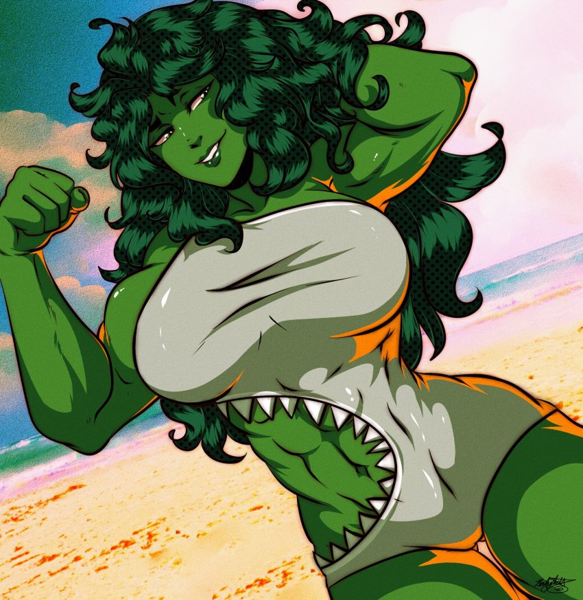 1girl, animification, arms_up, beach, biceps, blue_sky, cloud, cloudy_sky, colored_skin, cowboy_shot, green_hair, green_skin, grey_one-piece_swimsuit, half-closed_eyes, highres, ishmi, long_hair, marvel, muscular, muscular_female, navel, one-piece_swimsuit, outdoors, parted_lips, sharkini, she-hulk, signature, sky, smile, solo, swimsuit