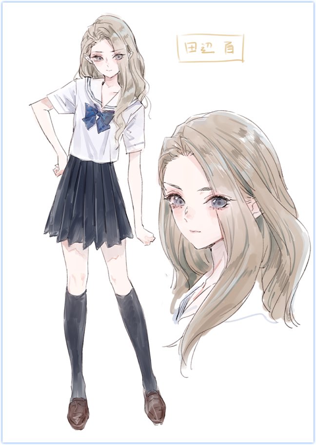 1girl, black_socks, blonde_hair, blue_bow, blue_bowtie, blue_eyes, blue_reflection_(series), blue_reflection_ray