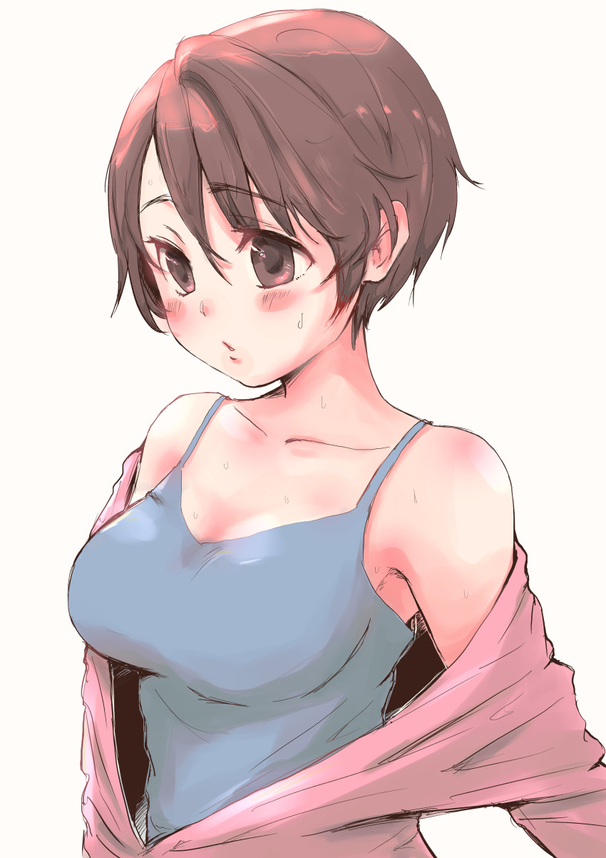 1girl, absurdres, breasts, brown_eyes, brown_hair, camisole, collarbone, hair_between_eyes