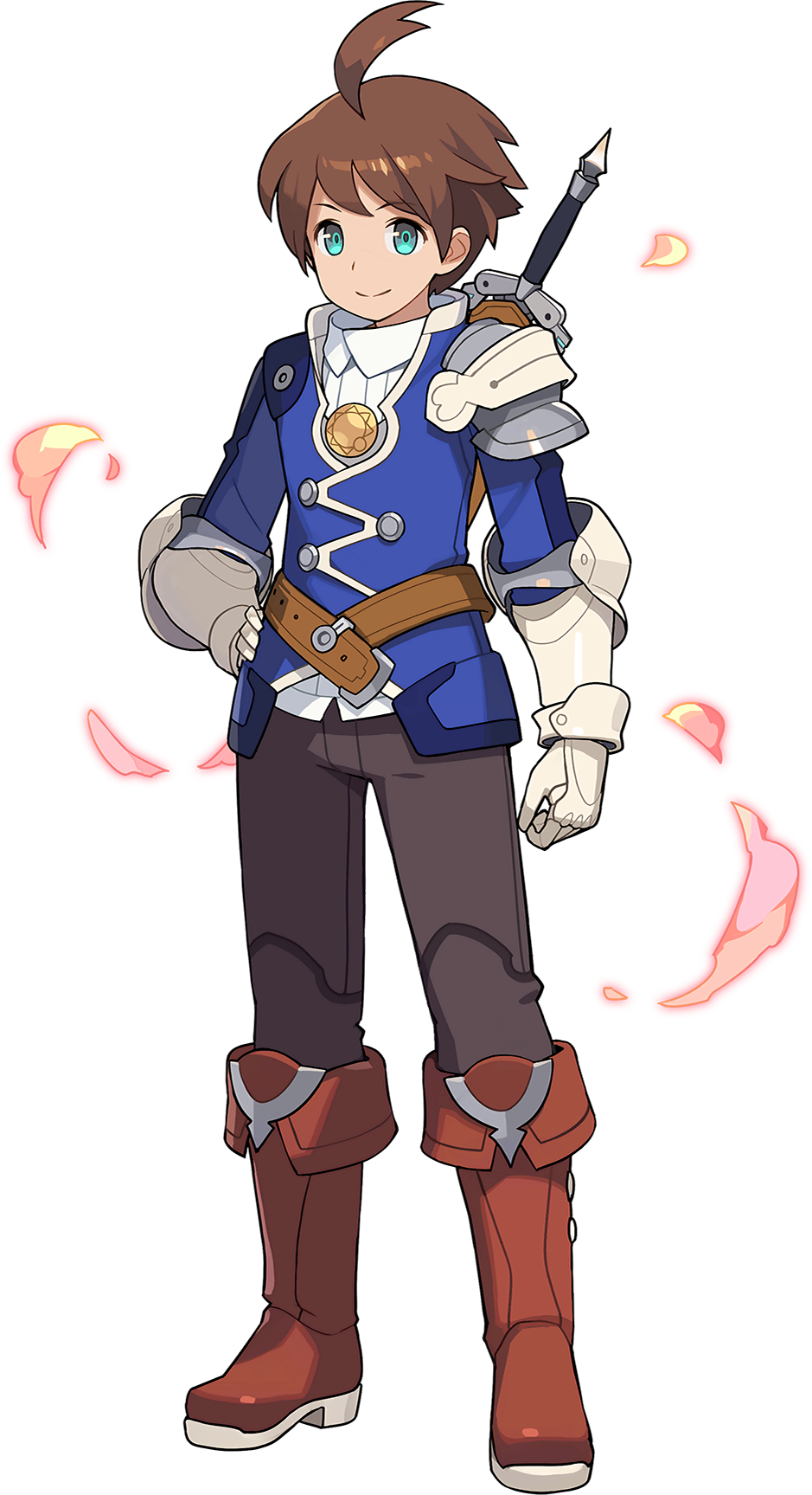 1boy, ahoge, alk_(world_flipper), artist_request, belt, black_pants, blue_eyes, blue_jacket