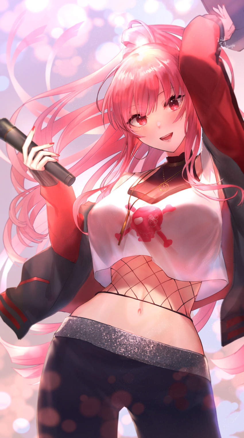 1girl, :d, black_jacket, black_pants, blush, breasts, commentary_request, cowboy_shot