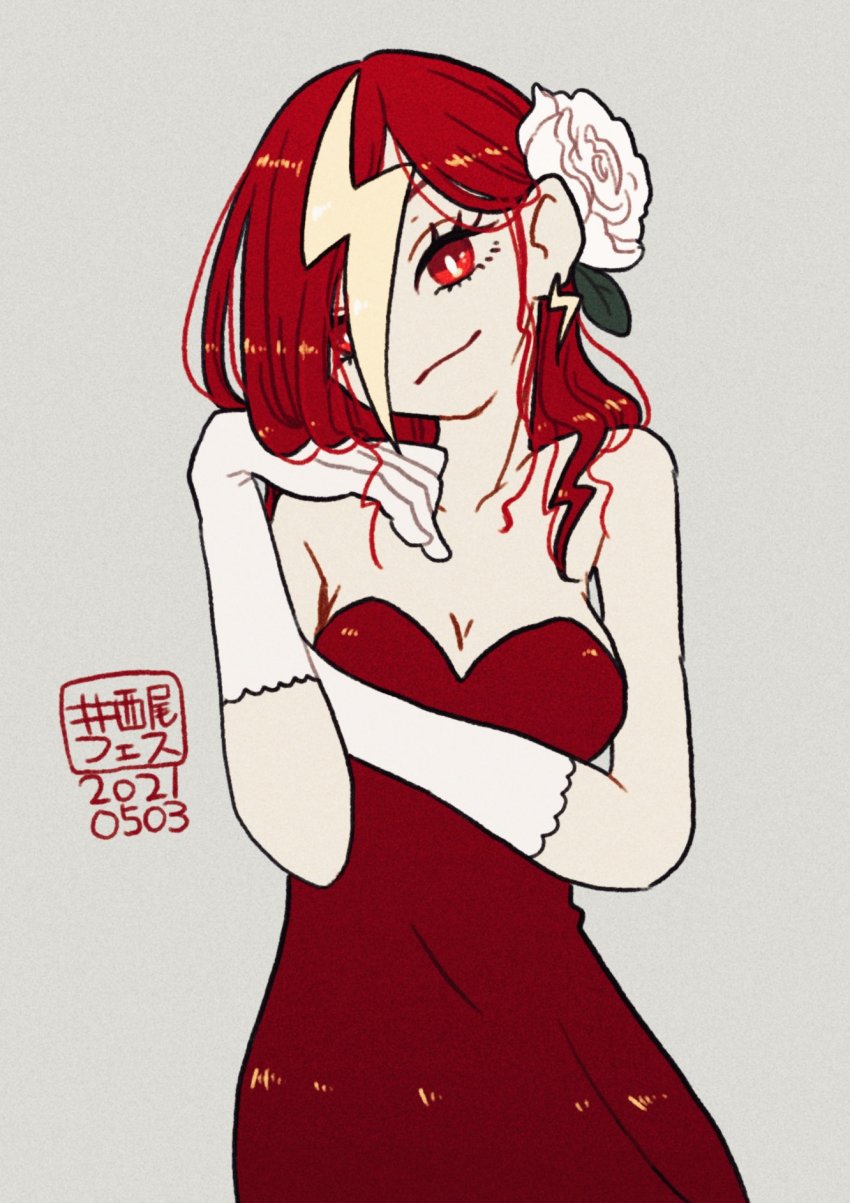 1girl, aikawa_jun, bare_shoulders, dress, earrings, flower, gloves, hair_flower