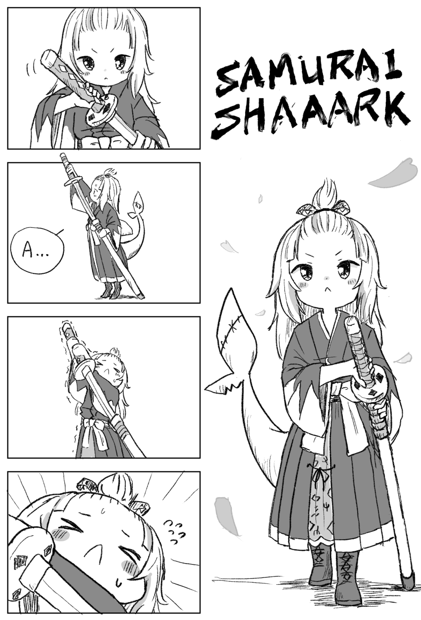 >_<, ..., 1girl, :<, a_(phrase), absurdres, alternate_costume, bangs_pinned_back, blush, boots, comic, failure, fins, fish_tail, full_body, gawr_gura, greyscale, highres, hololive, hololive_english, katana, lace-up_boots, long_hair, monochrome, samurai, shark_tail, sheath, sheathed, solo, spoken_letter, standing, stitches, sword, tail, unsheathing, v-shaped_eyebrows, vanilla_itachi, virtual_youtuber, weapon