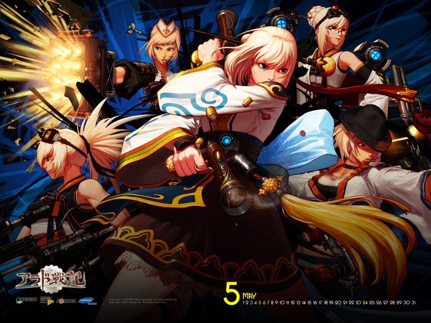 00s, 5girls, belt, blonde_hair, blue_eyes, calendar, choker, cowboy_hat