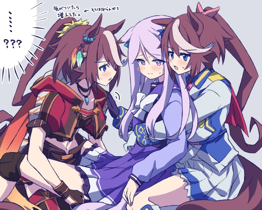 3girls, animal_ears, blue_eyes, blue_ribbon, bow, brown_hair, choker, dual_persona