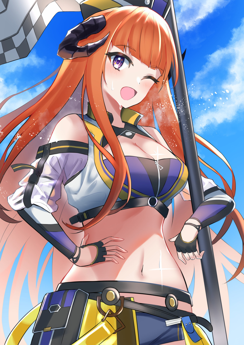 1girl, absurdres, arknights, bagpipe_(arknights), bagpipe_(queen_i)_(arknights), bagpipe_(queen_no._1)_(arknights), bare_shoulders, blue_sky