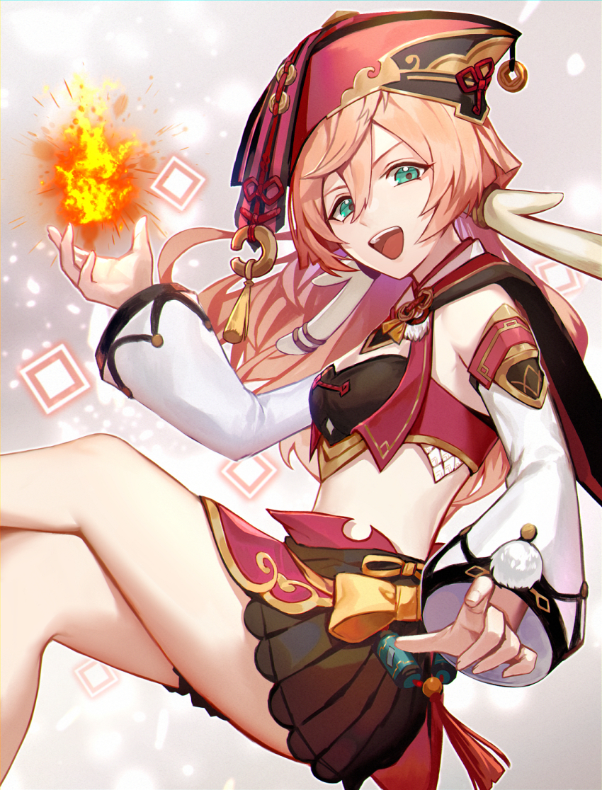 1girl, :d, antlers, bare_shoulders, black_bra, black_shorts, bow, bra, breasts, crop_top, crossed_legs, fire, from_side, genshin_impact, green_eyes, hair_between_eyes, half-closed_eyes, highres, horns, legs, long_sleeves, looking_at_viewer, midriff, open_mouth, penguu_(green528), red_headwear, red_skirt, shorts, sitting, skirt, small_breasts, smile, solo, teeth, underwear, upper_teeth_only, yanfei_(genshin_impact), yellow_bow