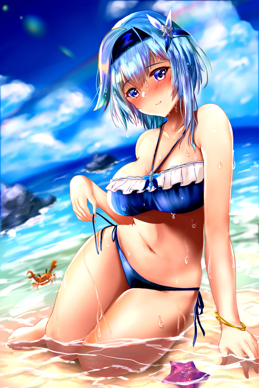 1girl, absurdres, bangle, bare_arms, bare_shoulders, bikini, blue_bikini, blue_sky, blush, bracelet, breasts, cleavage, cloud, cloudy_sky, crab, eula_(genshin_impact), frilled_bikini, frills, genshin_impact, hairband, half-closed_eyes, highres, izumikuu, jewelry, large_breasts, long_hair, medium_hair, navel, ocean, outdoors, panties, side-tie_bikini_bottom, sky, smile, starfish, string_panties, swimsuit, thighs, underwear, water, wet