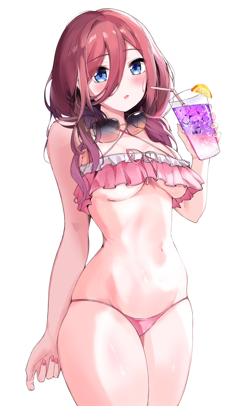 1girl, absurdres, bare_arms, bare_shoulders, bikini, blue_eyes, blush, breasts, cowboy_shot, cup, drink, drinking_glass, eyewear_around_neck, food, frilled_bikini, frills, fruit, go-toubun_no_hanayome, hair_between_eyes, hido_(cherryhido), highres, holding, holding_cup, ice, ice_cube, lemon, lemon_slice, long_hair, looking_at_viewer, medium_breasts, nail_polish, nakano_miku, navel, parted_lips, pink_bikini, pink_nails, red_hair, simple_background, skindentation, solo, stomach, sunglasses, sunglasses_around_neck, sunglasses_removed, swimsuit, underboob, unworn_eyewear, white_background