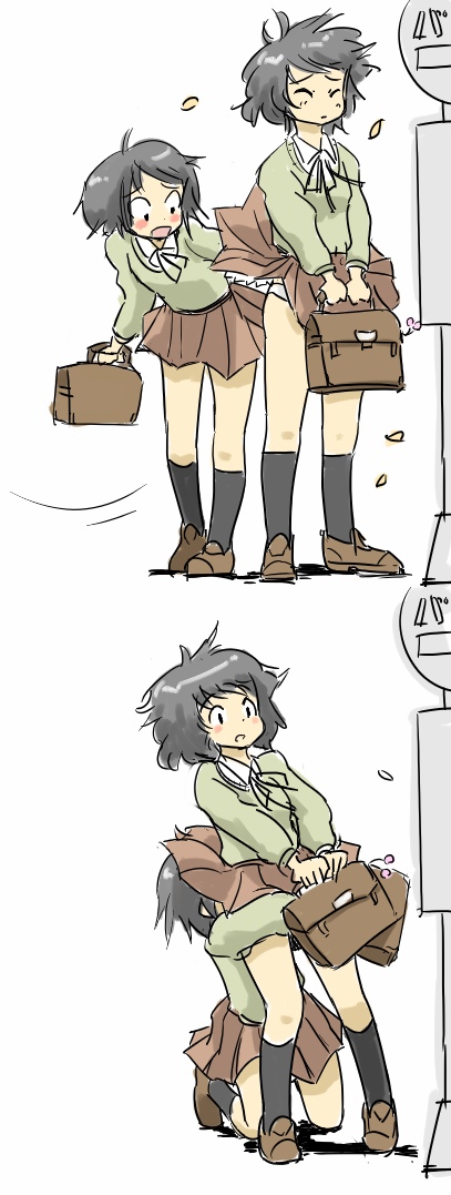 2girls, bag, bus_stop, face_in_ass, head_on_ass, hug, multiple_girls, ohyo, panties, school_uniform, skirt, underwear, wind, wind_lift, yuri