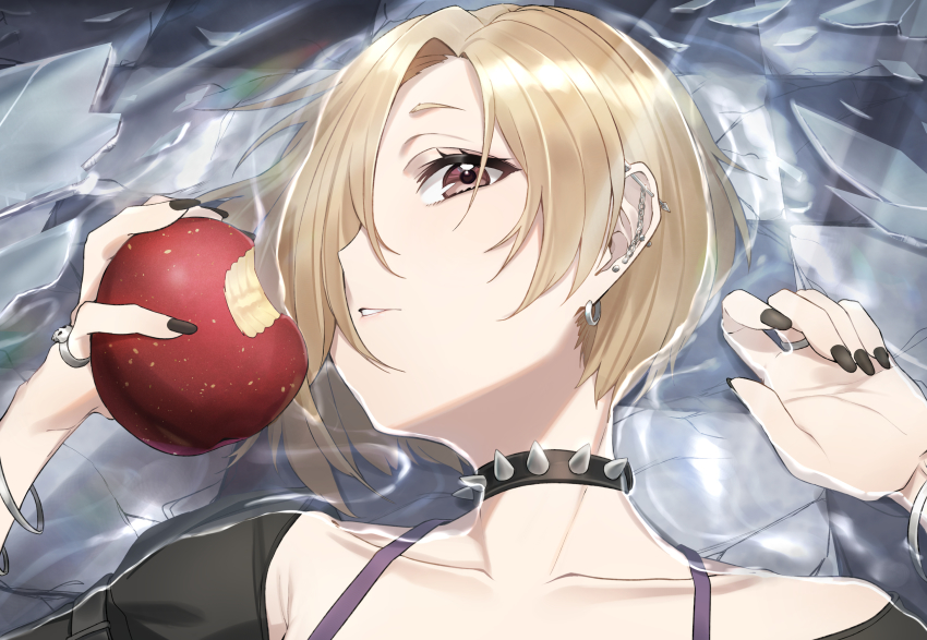 1girl, apple, applepie_(12711019), black_nails, black_neckwear, blonde_hair, bracelet, broken_glass