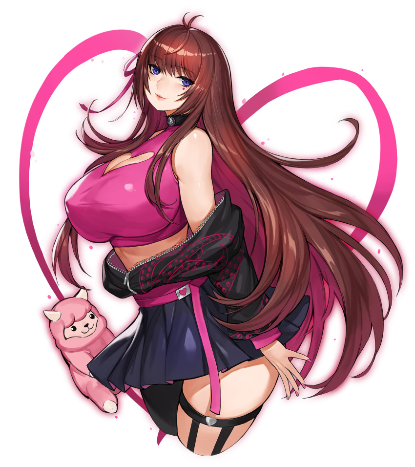 1girl, antenna_hair, bare_shoulders, belt, black_choker, black_jacket, black_thighhighs, breasts, brown_hair, choker, cleavage, cleavage_cutout, clothing_cutout, commission, covered_erect_nipples, crop_top, cropped_legs, emma_llama, facial_tattoo, fingerless_gloves, gloves, gurimjang, halterneck, heart, heart_cutout, heart_tattoo, highres, huge_breasts, indie_virtual_youtuber, jacket, legwear_garter, long_hair, looking_at_viewer, miniskirt, nail_polish, off_shoulder, open_clothes, open_jacket, pink_belt, pink_nails, pink_shirt, pixiv_commission, purple_eyes, purple_skirt, shirt, single_legwear_garter, single_thighhigh, skindentation, skirt, smile, solo, stuffed_animal, stuffed_toy, tattoo, thighhighs, thighs, very_long_hair, virtual_youtuber