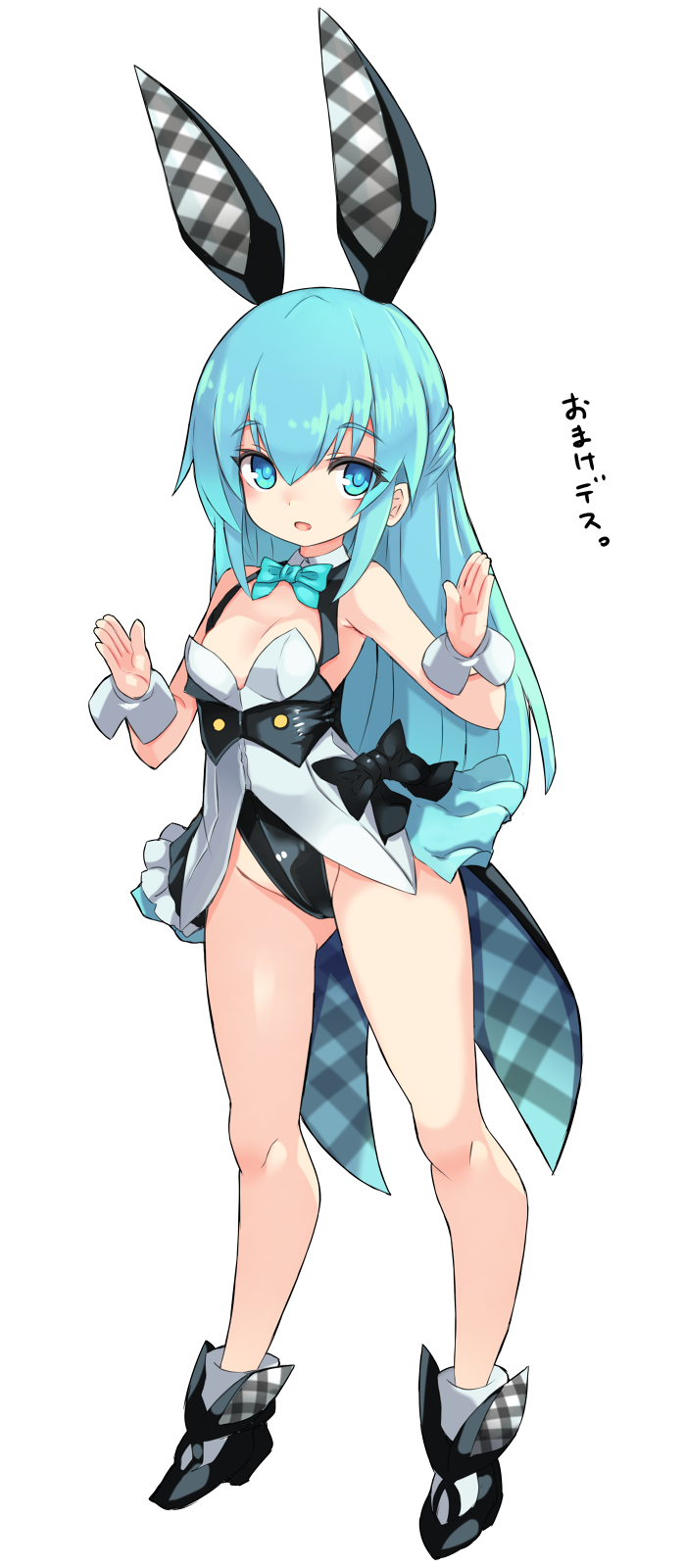 1girl, alice_gear_aegis, animal_ears, aqua_bow, aqua_bowtie, aqua_eyes, aqua_hair, bare_legs