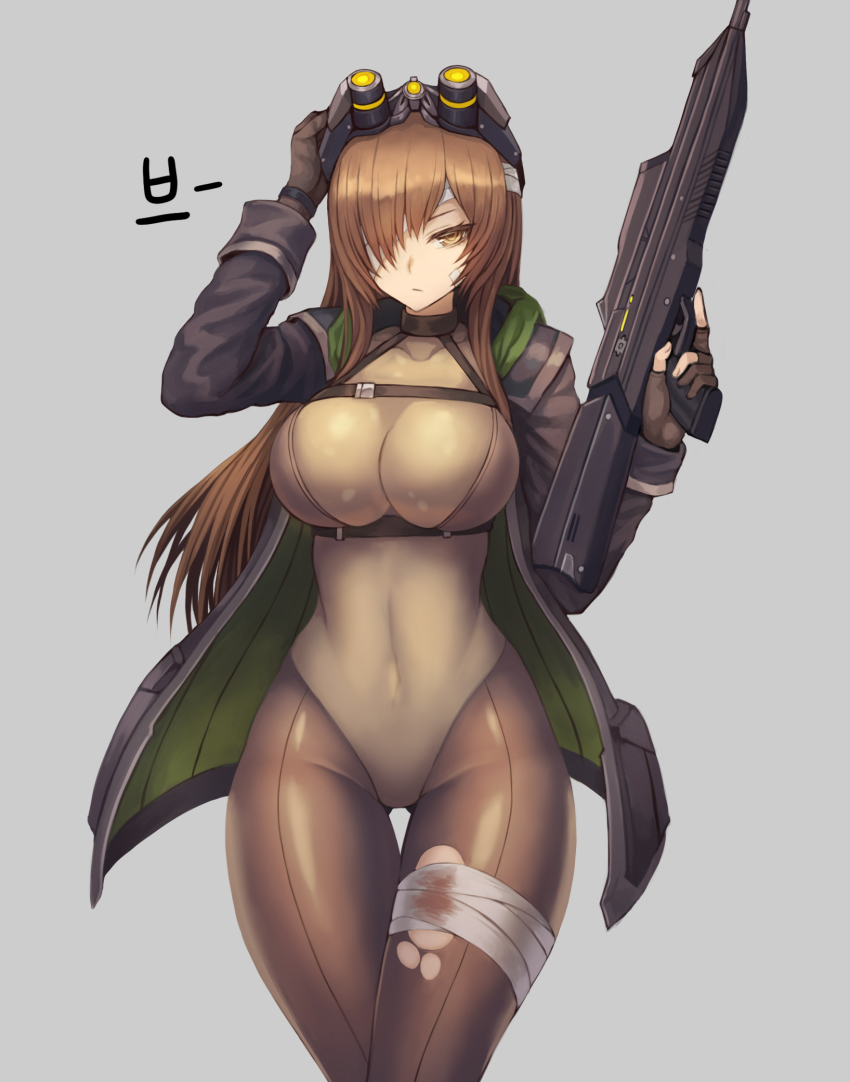 1girl, alternate_hair_length, alternate_hairstyle, assault_rifle, asymmetrical_bangs, bandage_on_face, bandage_over_one_eye, bandaged_leg