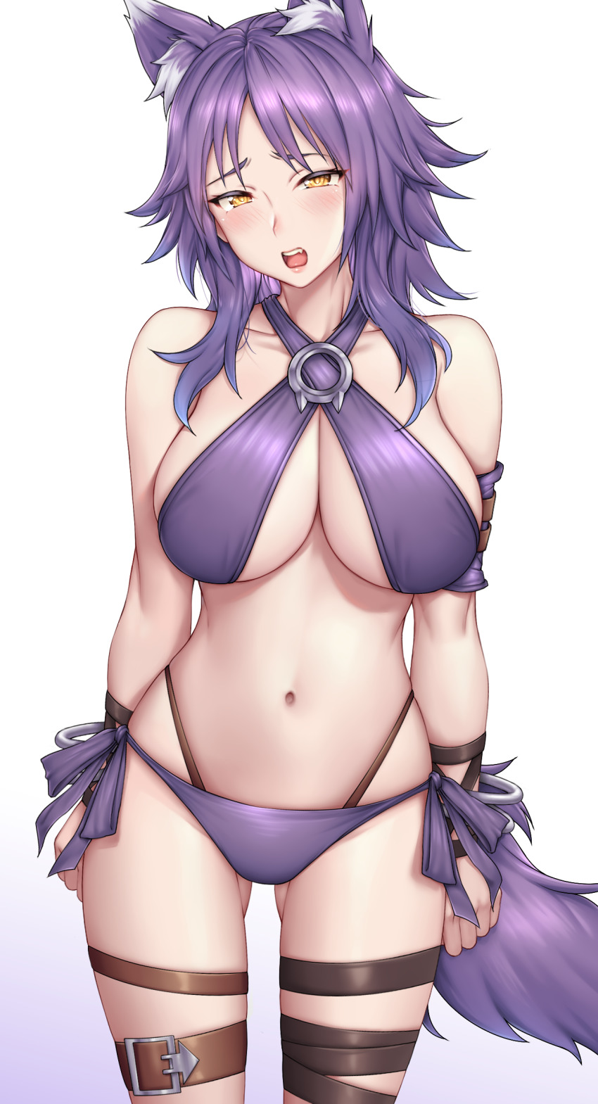 1girl, absurdres, animal_ear_fluff, animal_ears, arm_belt, bare_shoulders, bikini, blush, bracelet, breasts, brown_eyes, cleavage, collarbone, criss-cross_halter, halterneck, highleg, highleg_bikini, highres, jewelry, large_breasts, looking_at_viewer, makoto_(princess_connect!), makoto_(summer)_(princess_connect!), medium_hair, navel, open_mouth, princess_connect!, purple_bikini, purple_hair, sidelocks, solo, swimsuit, tail, thigh_strap, thighs, wolf_ears, wolf_girl, wolf_tail, yakimi_27