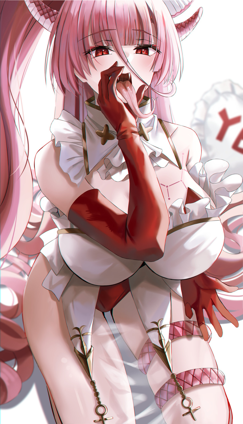 1girl, blunt_bangs, breasts, campanula, constellation_tattoo, elbow_gloves, fangs, gloves, highres, horns, kakou_shinku, large_breasts, long_hair, looking_at_viewer, nicky_w, open_mouth, pink_hair, ponytail, red_eyes, saliva, see-through_clothes, sitting, slit_pupils, solo, tattoo, tongue, tongue_out, very_long_hair, virtual_youtuber