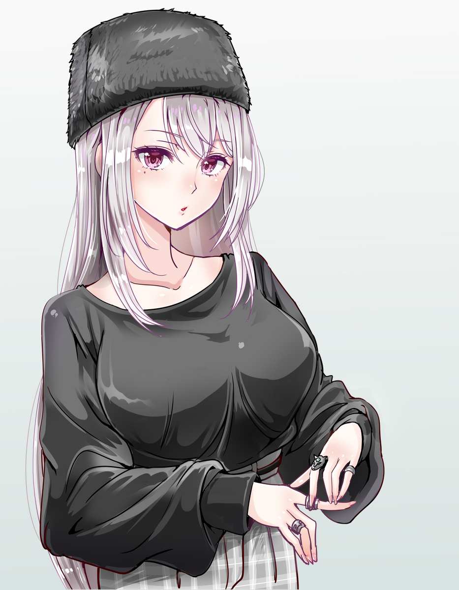 1041_(toshikazu), 1girl, :o, belt, black_belt, black_hat, black_sweater, breasts