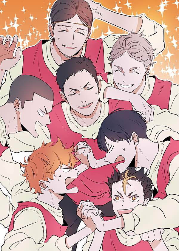 +_+, 6+boys, arm_on_another's_shoulder, azumane_asahi, black_hair, blonde_hair, brown_hair, closed_eyes