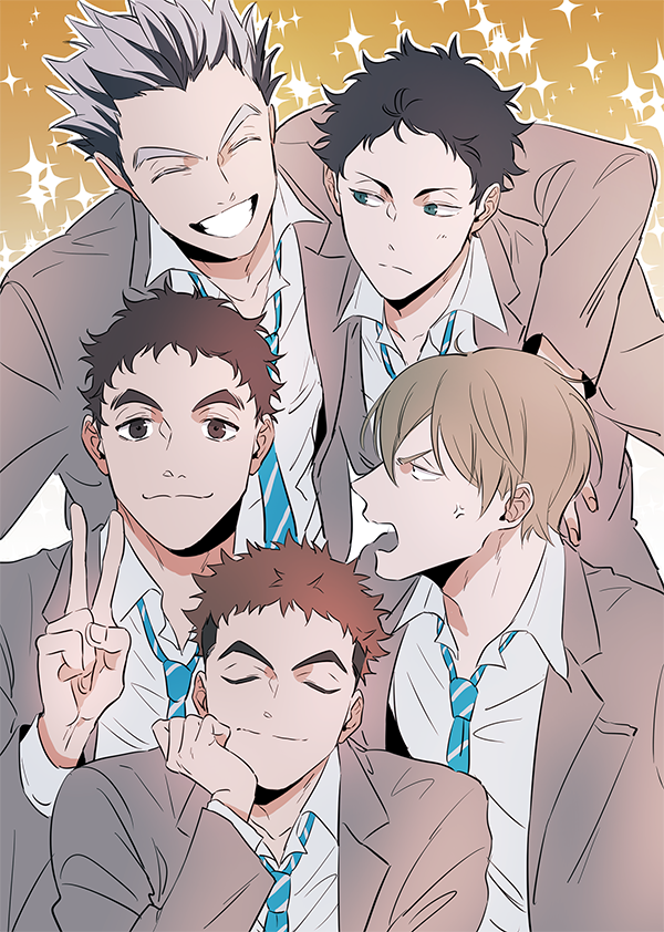 5boys, akaashi_keiji, anger_vein, black_hair, blazer, blonde_hair, bokuto_koutarou, brown_hair, closed_eyes, closed_mouth, collared_shirt, eyebrows, grey_hair, grin, haikyuu!!, hand_on_own_cheek, hand_on_own_face, hand_up, jacket, komi_haruki, konoha_akinori, male_focus, multicolored_hair, multiple_boys, necktie, sarukui_yamato, school_uniform, shirt, short_hair, smile, star_(symbol), star_symbol_background, teeth, two-tone_hair, ummm_mmma, v, white_shirt
