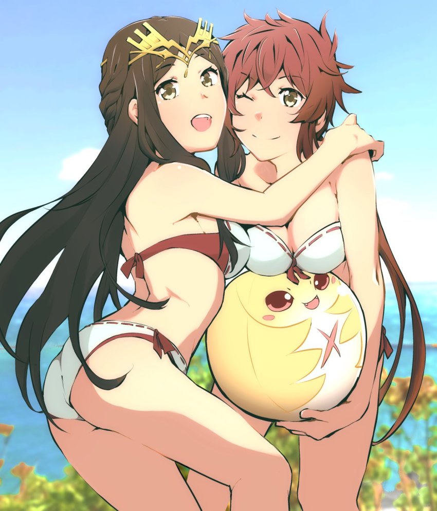 2girls, ass, back, bikini, black_hair, blush, breasts, brown_hair