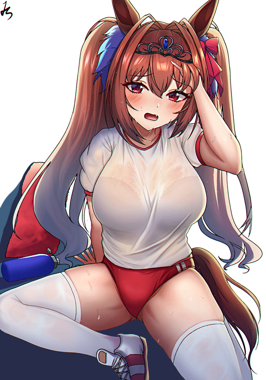 1girl, animal_ears, blush, bottle, bow, bra, breasts, brown_hair