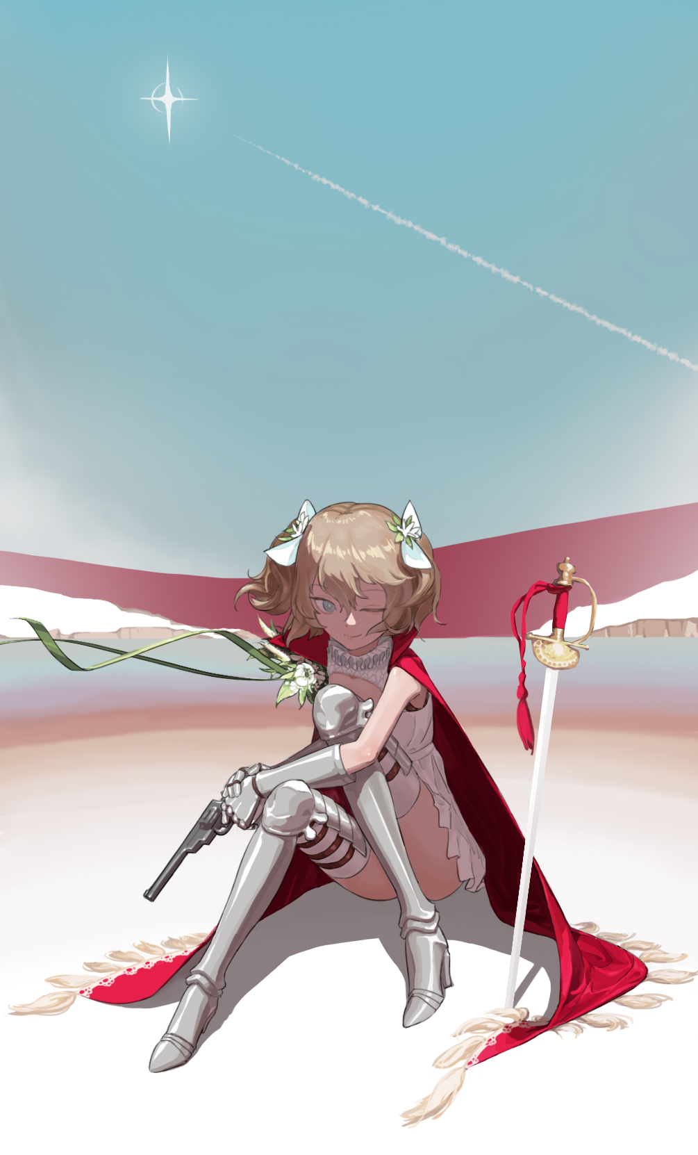 1girl, armored_boots, blue_eyes, boots, break-action_revolver, brown_hair, cape, commentary_request