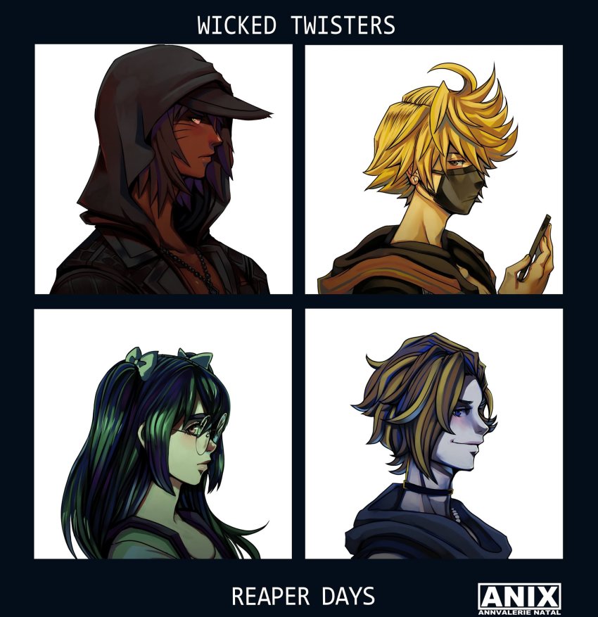 1girl, 3boys, album_cover_redraw, baseball_cap, blonde_hair, blue_eyes, brown_hair, cellphone