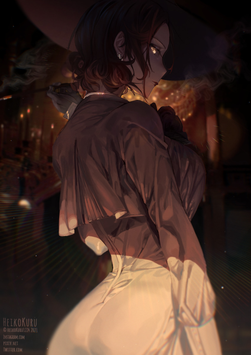 1girl, absurdres, alcina_dimitrescu, ass, breasts, brown_hair, dress, earrings