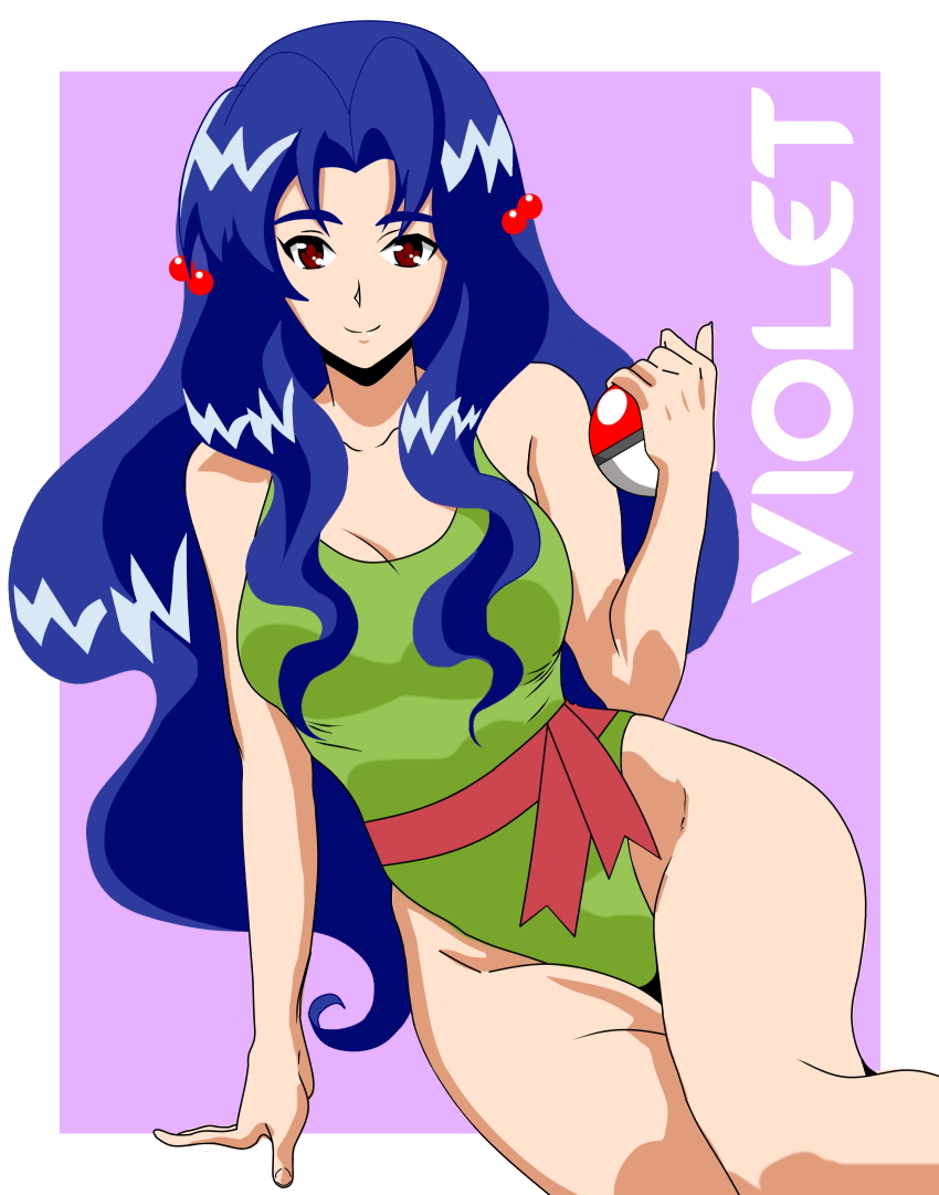 1girl, azielarcangel, bare_arms, bare_shoulders, blue_hair, border, brown_eyes, character_name