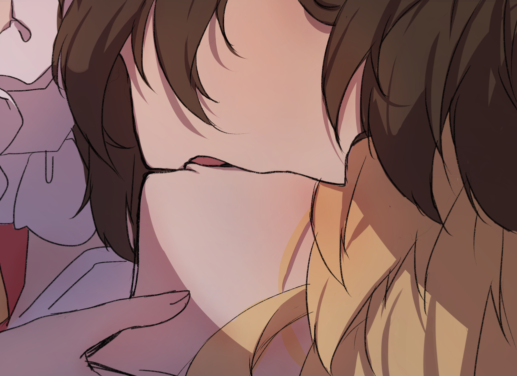 2girls, bare_shoulders, blonde_hair, brown_hair, close-up, dress, french_kiss, hair_between_eyes